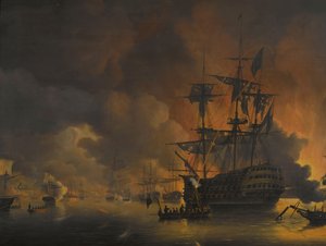 O incêndio nos Cais de Argel, pouco depois do início do Bombardeamento pela Frota Anglo-Holandesa, 27 de Agosto de 1816
Quatro Episódios durante a Presença da Frota Anglo-Holandesa na Baía de Argel, 26 a 27 de Agosto de 1816 (título da série)
