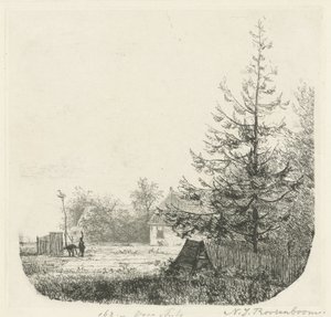 Paisagem arborizada com ninho de cegonha de Nicolaas Johannes Roosenboom