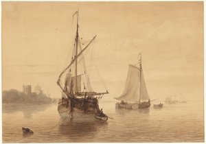 Paisagem do rio com alguns navios de Nicolaas Johannes Roosenboom