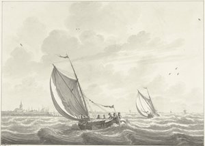 Navio a vela no Maas, ao longe as aldeias de Oud e Nieuw Beijerland
