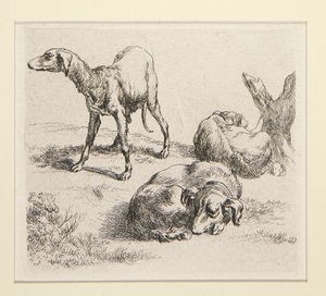 2 gravuras de O Conjunto de Vários Animais, com o homem debaixo das árvores, o chamado Homem de Nicolaes Berchem