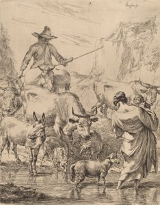 Rebanho cruzando o riacho. de Nicolaes Berchem