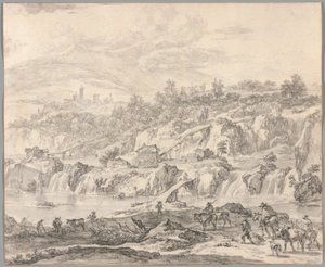Paisagem com cachoeiras e pontes, camponeses em primeiro plano de Nicolaes Berchem