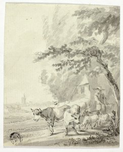 Homem pastoreando vacas e ovelhas de Nicolaes Berchem