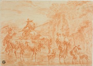 Camponeses e gado cruzando Ford de Nicolaes Berchem