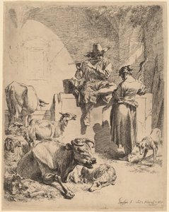 O pastor sentado em uma fonte e a fiandeira, 1652. de Nicolaes Berchem