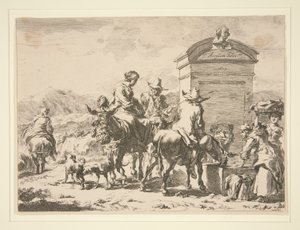 Sem título - Cena do género com pessoas sobre burros e uma lápide de Nicolaes Berchem