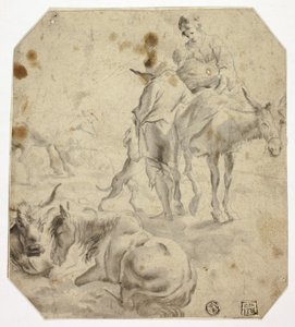 Mulher e criança num burro, homem, cães, cavalos de Nicolaes Berchem