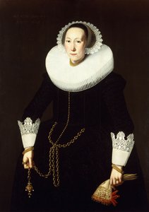 Retrato de uma senhora, de três quartos, vestindo um traje preto elaborado, um plissado branco e algemas de renda, segurando uma corrente de ouro e um par de luvas, 1633