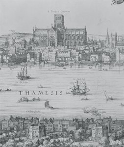 Panorama, de, londres, e, a, thames, detalhe, de, parte, dois, mostrando, st. Pauls, catedral, e, a, teatro globo, c.1600, detalhe gravura, de, 7214