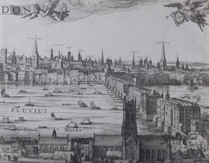 Panorama de Londres e do Tâmisa, parte três mostrando Southwark, London Bridge e as igrejas na cidade, c.1600 (ver também 7214, 64730 e 64732)