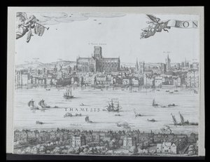 Panorama de Londres e do Tamisa, parte dois, mostrando a Catedral de St. Paul e o Globe Theatre, c. 1600 (ver também 64730-32) (para detalhes ver 92085)