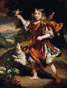 Retrato de um menino, como Daifilo, com uma túnica vermelha sobre uma túnica prateada, com uma capa laranja, um pássaro pousado na mão direita, seu cachorro ao lado dele, em uma paisagem de Nicolaes Maes