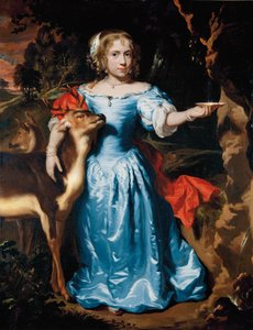 Retrato de uma menina, de corpo inteiro, como Granida, em um vestido de seda azul e manto vermelho, a mão esquerda pegando água em uma concha de uma nascente, a mão direita em um cervo de Nicolaes Maes
