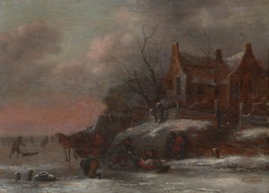 Uma paisagem de inverno com figuras a andar de trenó num rio gelado de Nicolaes Molenaer