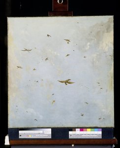 Pintura de teto de casa de bonecas de um céu nublado com pássaros de Nicolaes Piemont (attributed to)