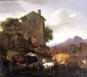 Pastores com gado bovino e caprino de Nicolaes Pietersz. Berchem