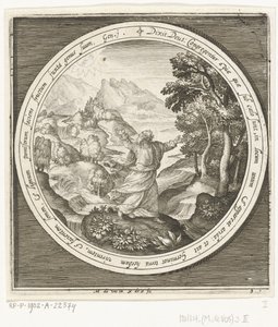 Terceiro dia da criação: Deus cria a terra e as plantas e árvores formadoras de sementes com sementes que dão frutos
Da criação à expulsão do paraíso (título da série) de Nicolaes de Bruyn