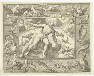 Elemento de ar como homem jovem nas nuvens entre as aves voadoras
Aer (título sobre o objecto)
Os quatro elementos (título da série) de Nicolaes de Bruyn