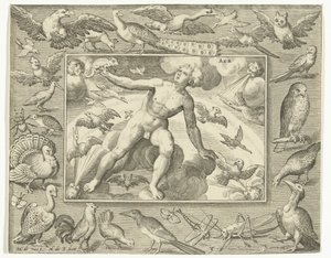Elemento do ar quando jovem nas nuvens entre pássaros voadores Aer (título no objeto) Os Quatro Elementos (título da série) de Nicolaes de Bruyn