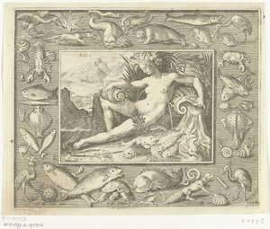 Elemento de água como mulher perto da nascente com peixe
Aqua (título sobre o objecto)
Os quatro elementos (título da série) de Nicolaes de Bruyn
