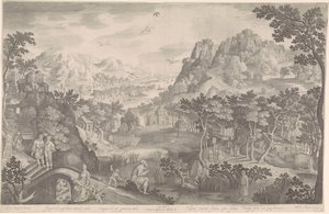 Oséias e a mulher adúltera em uma paisagem de Nicolaes de Bruyn