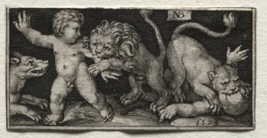 Leões atacando crianças de Nicolaes de Bruyn