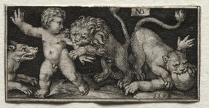Leões atacando crianças, 1594. de Nicolaes de Bruyn