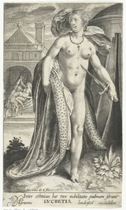 Lucretia met dolk tegen haar borst
Inter ethnicas hae tres nobilitatis palmam ferunt Lvcretia (título sobre o objecto) de Nicolaes de Bruyn