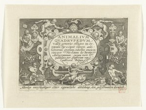 Impressão do título com título em cartucho rodeado de macacos a trabalhar como ourives
Animalivm qvadrvpedvm (título sobre o objecto)
Animais em paisagens (título da série) de Nicolaes de Bruyn