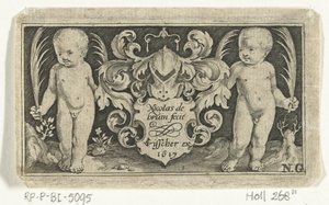 Impressão do título com duas crianças com folha de palmeira ao lado do brasão Frísios com crianças, anjos e animais (título da série) de Nicolaes de Bruyn