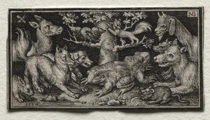 Rã de duas cabeças cercada por animais, 1594.
