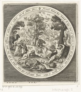 Sexto dia da criação: Deus cria os animais e Adão e Eva
Da criação à expulsão do paraíso (título da série) de Nicolaes de Bruyn