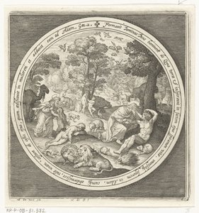 Sexto dia da criação: Deus cria os animais e Adão e Eva
Da criação à expulsão do paraíso (título da série) de Nicolaes de Bruyn