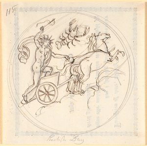 Apollo dirigindo sua carruagem solar para cima; acima do signo celestial de Câncer; emoldurado circularmente; produz o dia mais curto de Nicolai Abildgaard