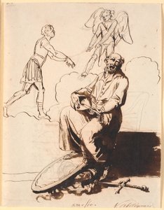 Ariosto, sentado com um alaúde, armas aos pés, ao fundo Cupido arrasta um homem atrás de si de Nicolai Abildgaard