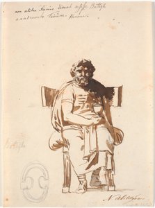 Batyllus, ator no tempo de Augusto, sentado em uma pesada cadeira antiga, de frente, com um cálice na mão de Nicolai Abildgaard