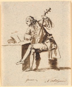 O poeta inglês Gower sentado com um alaúde em uma mesa na qual Heródoto está esparramado de Nicolai Abildgaard
