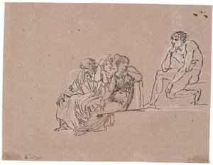 Um grupo composto por um velho e duas mulheres sentadas que se voltam para um homem sentado mais alto de Nicolai Abildgaard