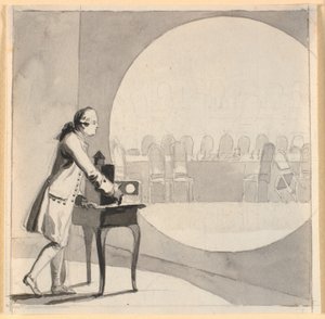 Um homem com uma laterna magica mostra uma foto do gabinete vazio de Nicolai Abildgaard