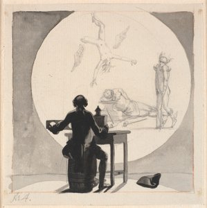 Um homem com uma laterna magica mostra uma imagem do declínio do comércio e do ofício - o Mercúrio coxo, o Vulcano adormecido etc. de Nicolai Abildgaard