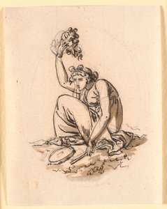 Uma mulher sentada levantando uma máscara bem acima da cabeça de Nicolai Abildgaard