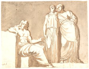 Um homem sentado e duas figuras femininas em pé de Nicolai Abildgaard