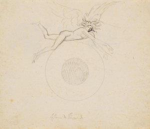 Um gênio alado, pairando sobre um globo, indicado por um par de arcos circulares de Nicolai Abildgaard