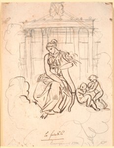 A deusa da fertilidade, sentada em frente ao Templo de Janus com um casal de crianças brincalhonas (pequenas) de Nicolai Abildgaard
