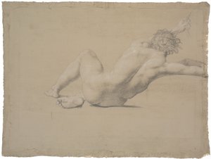 Modelo semi-reclinado. Visto de costas. Braço esquerdo estendido, mão segurando uma corda. Pernas dobradas, direita sob a esquerda de Nicolai Abildgaard