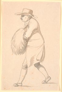 Caricatura, possivelmente do professor Münter, andando para a esquerda, mãos algemadas de Nicolai Abildgaard