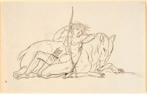 Figura feminina com flechas e aljava, sentada encostada em um animal imaginário (possivelmente um tamanduá). Alegoria da América de Nicolai Abildgaard