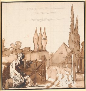 O objetivo do curso de vida. Desenho alegórico. Uma mulher abre a articulação para um cemitério com metae e pirâmide de Nicolai Abildgaard