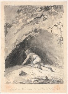 Niels Klim rasteja para dentro da caverna de Nicolai Abildgaard
